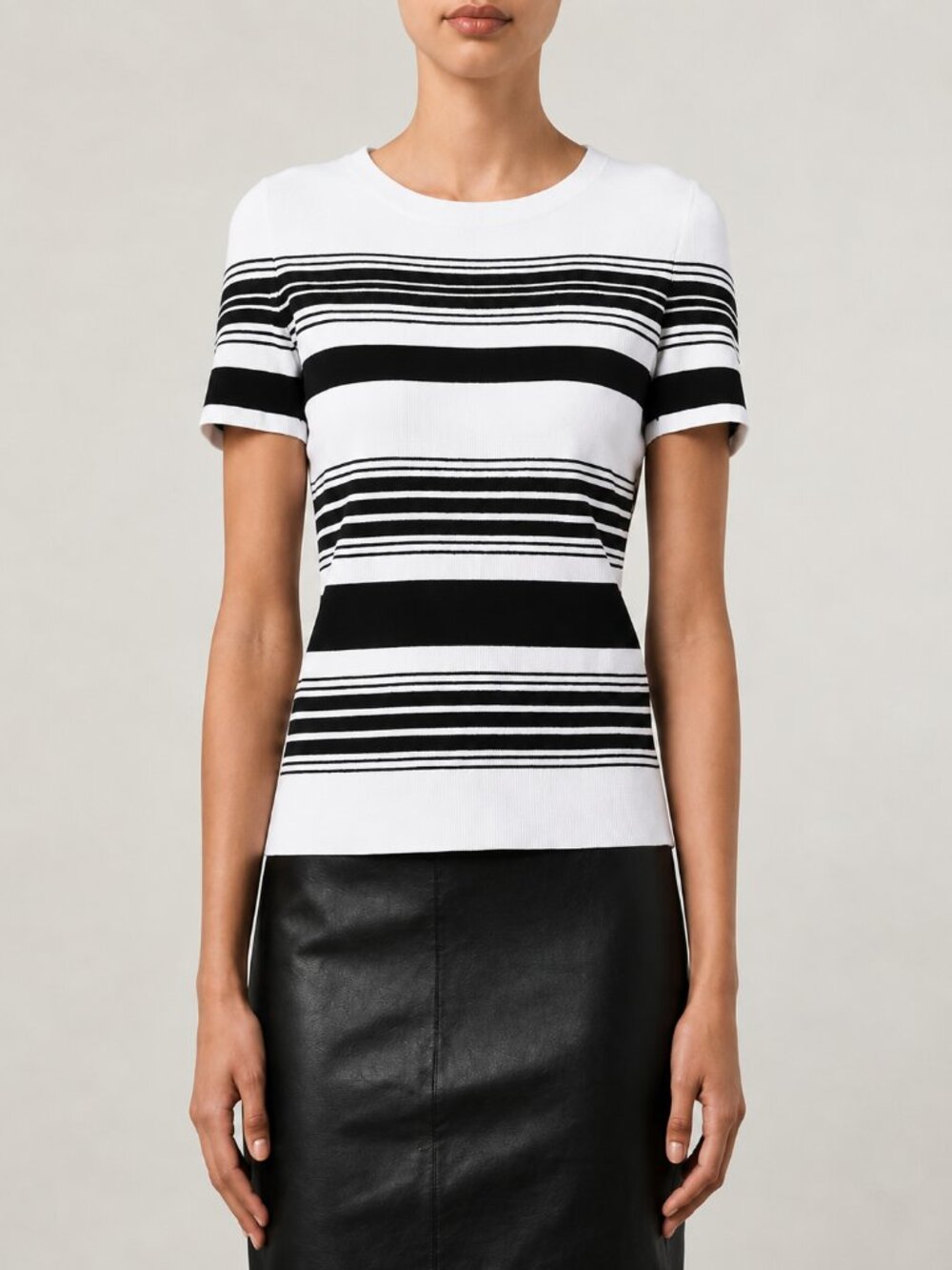 A.L.C. Bonnie Stripe Knit Top Small Black White Split Back Short Sleeve
